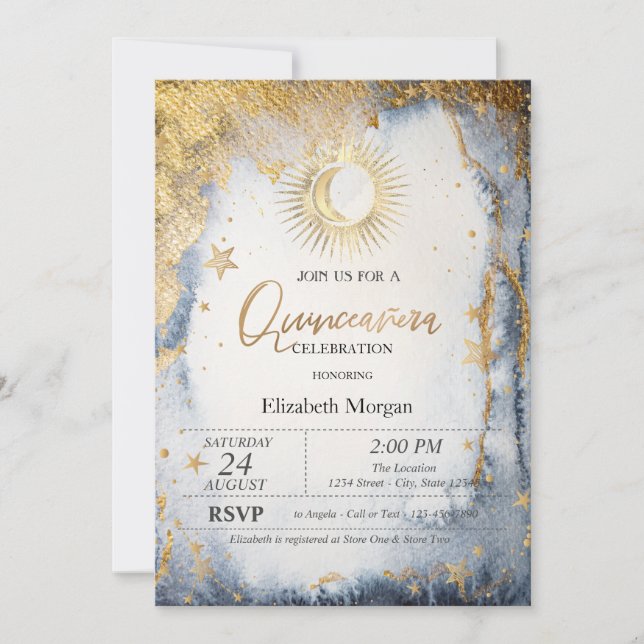 Invitation Soleil céleste, Lune, Etoiles Aquarelle Quinceaner (Devant)