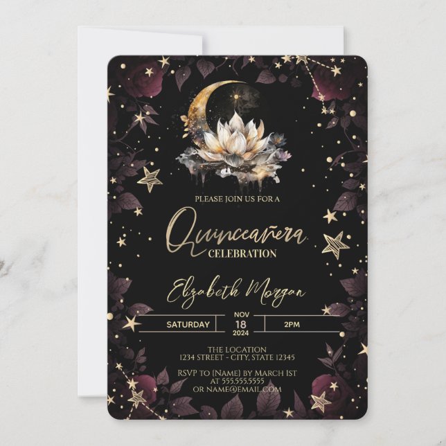 Invitation Soleil céleste, Lune, Étoiles Quinceanera Rose (Devant)