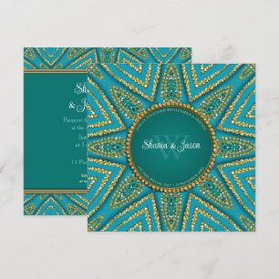 Invitation Soleil de Bohême orientale or étincelant sarcelle