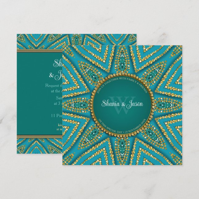 Invitation Soleil de Bohème Orientale Or & Turquoise Éperche (Devant / Derrière)