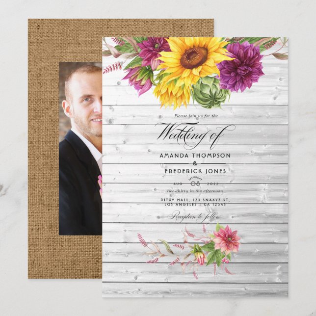 Invitation Soleil et Bourgogne Plum Floral Rustic Mariage Pho (Devant / Derrière)