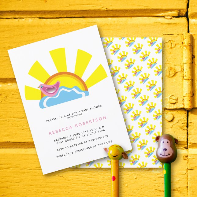 Invitation Soleil et petit oiseau sur le Baby shower nuageux (Créateur téléchargé)