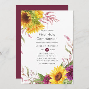 Invitation Soleil et Plum Bourgogne Floral Sainte Communion