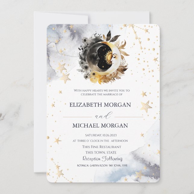 Invitation Soleil, Lune, Etoiles Fleurs Mariage (Devant)
