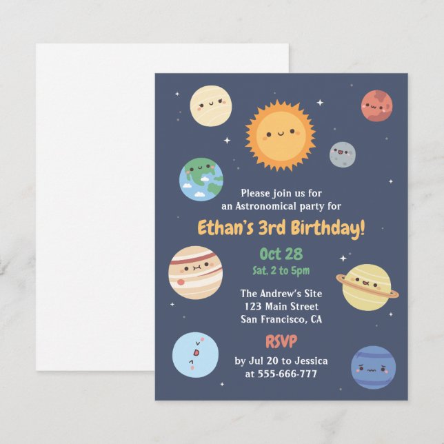 Invitation Soleil mignon Et Planètes Astronomie Espace Annive (Devant / Derrière)