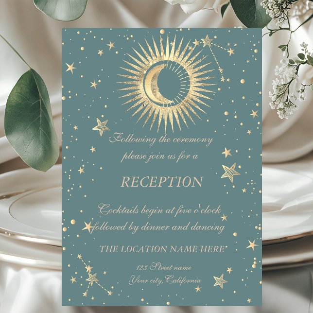 Invitation Soleil Or Céleste Et Étoiles Lune Mint Vert (Créateur téléchargé)