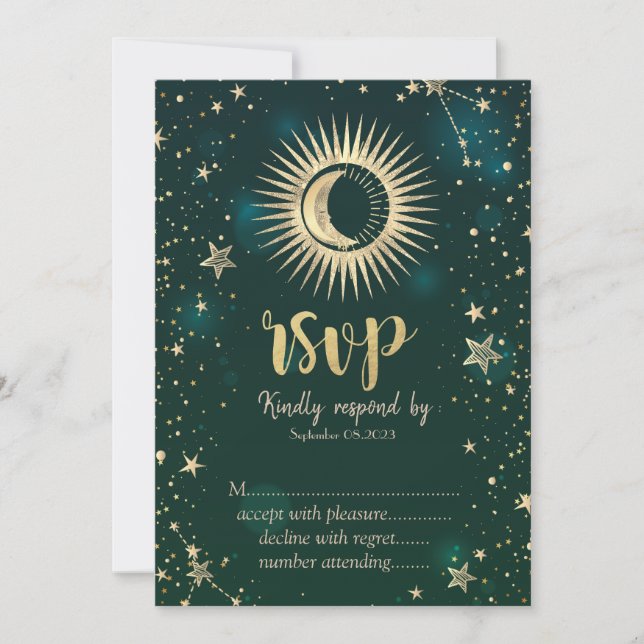 Invitation Soleil Or Céleste Et Étoiles Lune Vert RSVP (Devant)