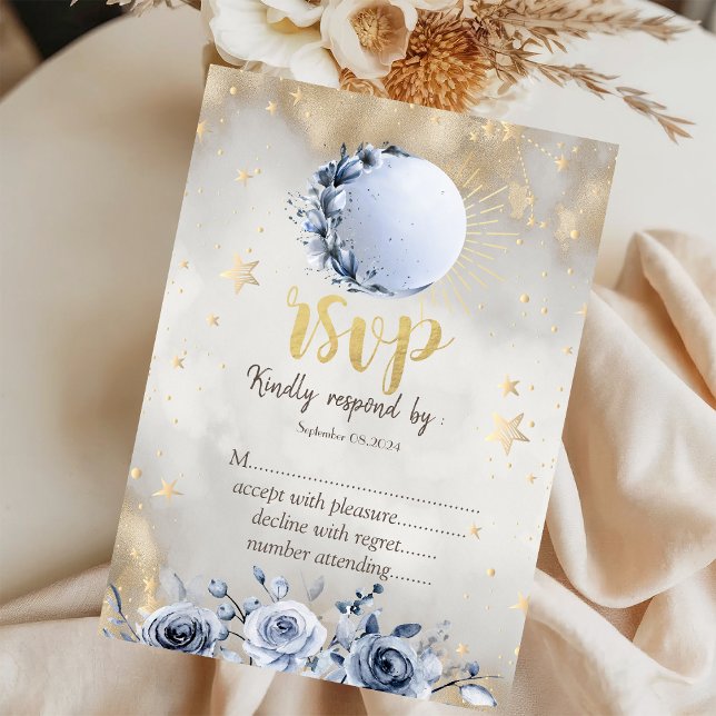 Invitation Soleil Or Céleste, Lune Étoiles Roses RSVP (Créateur téléchargé)