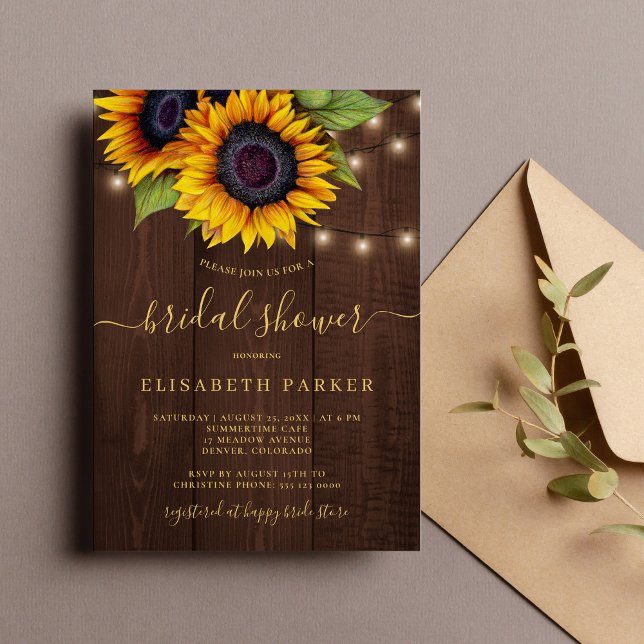 Invitation Soleil rustique or script bois douche nuptiale (Créateur téléchargé)