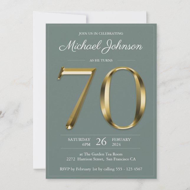 Invitation Solid Gold Texte Sage Green Classy 70e anniversair (Devant)