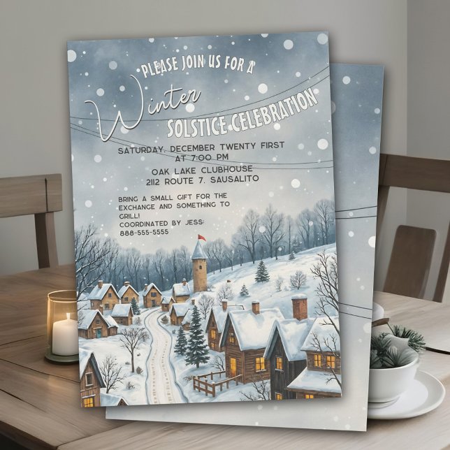 Invitation Solstice d'Hiver Village Enneigé Charmant Soirée C (Winter Solstice party invitation with charming snowy village scene for cozy holiday celebration.)