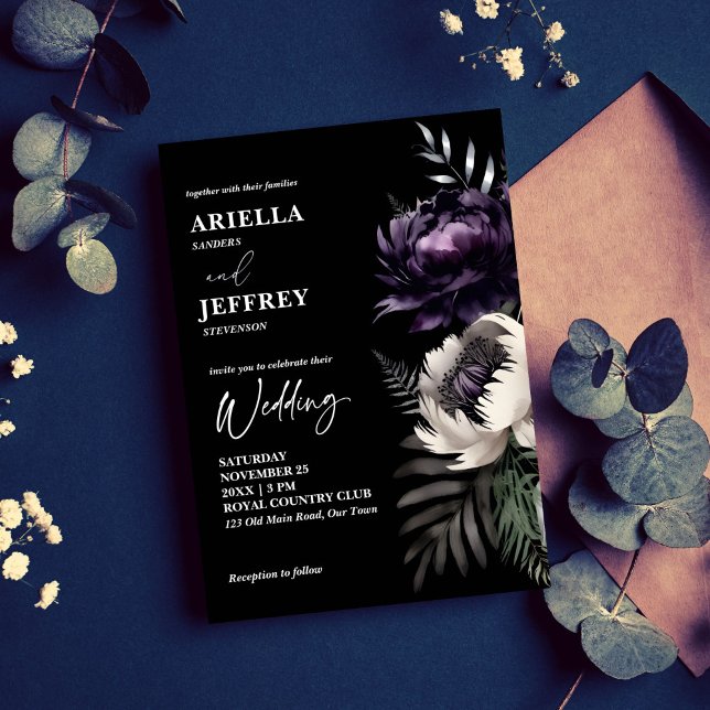 Invitation Sombre moody élégant tout en un modèle mariage (Dark moody elegant all in one wedding template invitation digital download purple peonies gothic)
