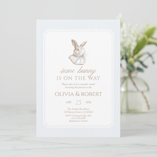 Invitation Some Bunny Is On The Way Blue Bow Baby Shower (Debout devant)