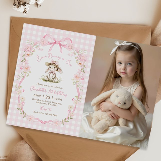 Invitation Some Bunny is One Bow Gingham 1st Birthday Photo (Créateur téléchargé)