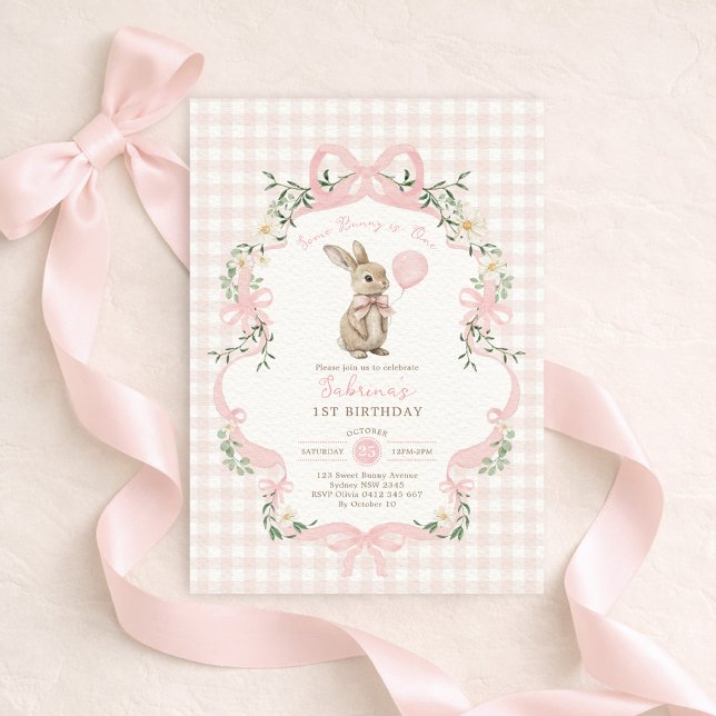 Invitation Some Bunny is One Pink Bow Gingham 1st Birthday (Créateur téléchargé)