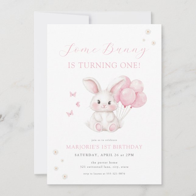 Invitation Some Bunny Spring Girl Pink Bunny First Birthday (Devant)