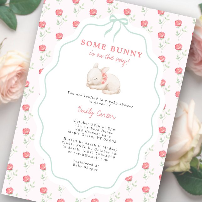 Invitation Some Bunny Watercolor Vintage Rose Pink (Sweet bunny + blush roses = timeless charm.)