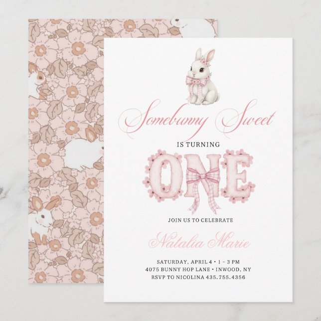 Invitation Somebunny Sweet 1st Birthday Spring Floral Invitat (Devant / Derrière)