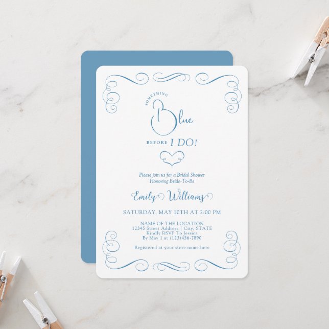 Invitation Something Blue Before I Do Elegant Bridal Shower (Devant/Arrière en situation)