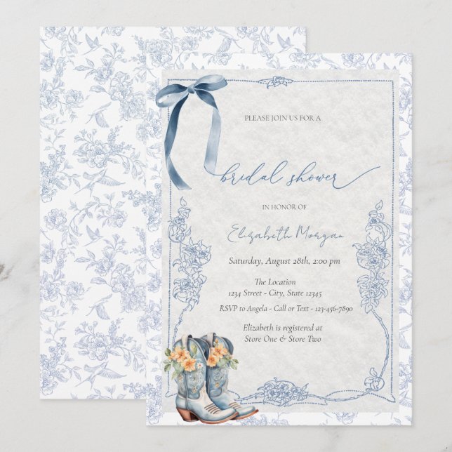 Invitation Something Blue Bow Cowboy Boots Floral (Devant / Derrière)