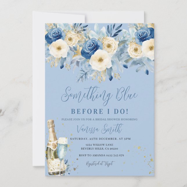 Invitation Something Blue Floral Bridal Shower  (Devant)