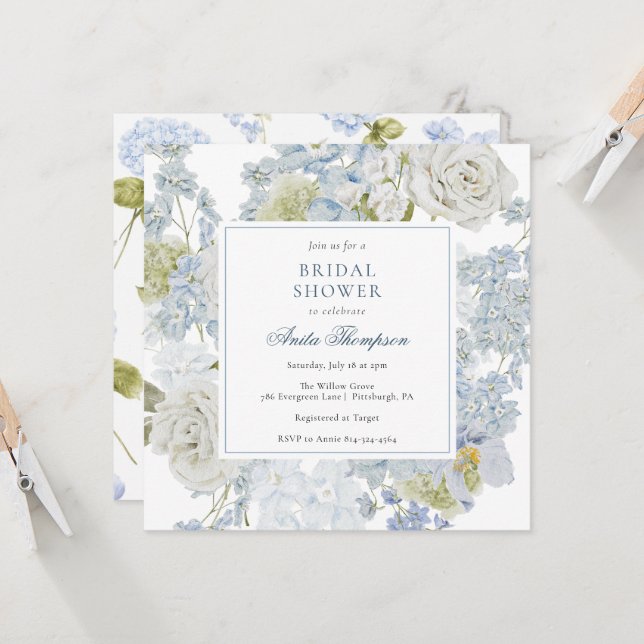 Invitation Something Blue Floral Ribbon Bridal Shower (Devant/Arrière en situation)