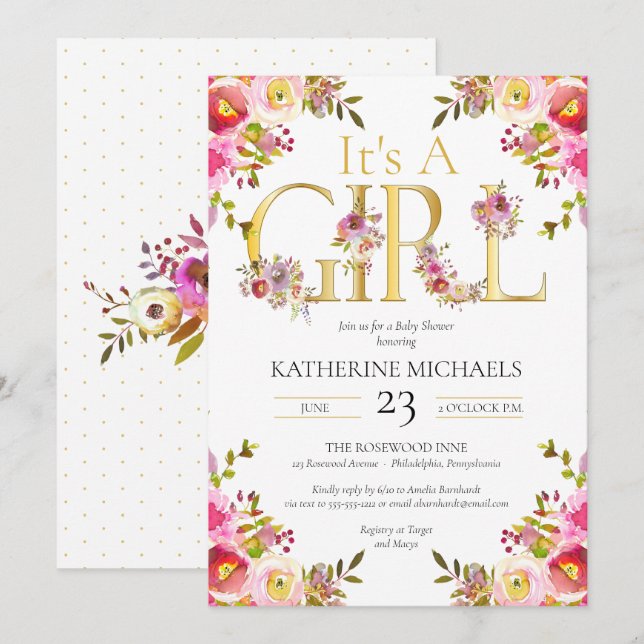 Invitation Son Aquarelle Fille Fleurit Le Baby shower Floral  (Devant / Derrière)