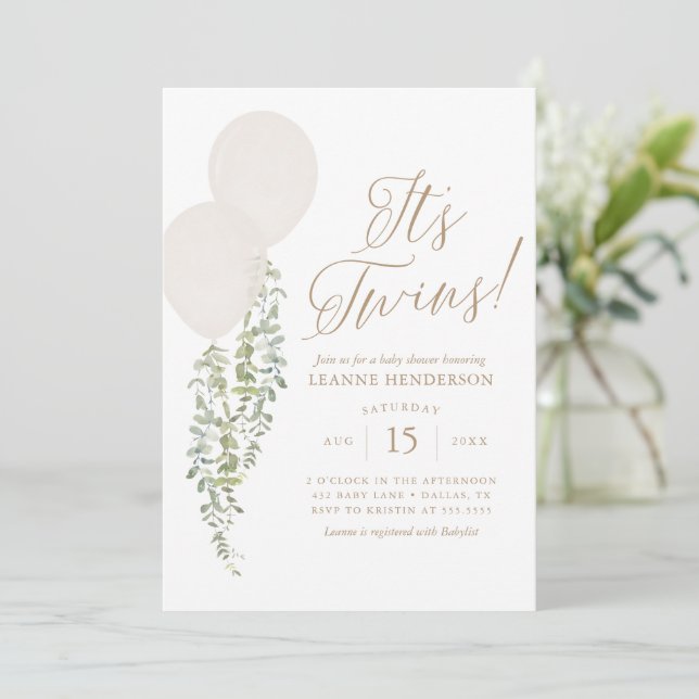 Invitation Son Baby shower Eucalyptus à ballets blancs jumeau (Debout devant)