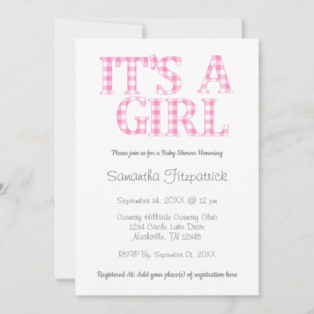 Invitation Son Baby shower simple rose et blanc A Girl (Devant)
