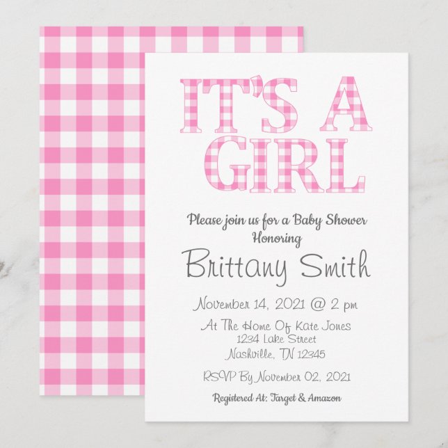 Invitation Son Baby shower simple rose et blanc A Girl (Devant / Derrière)