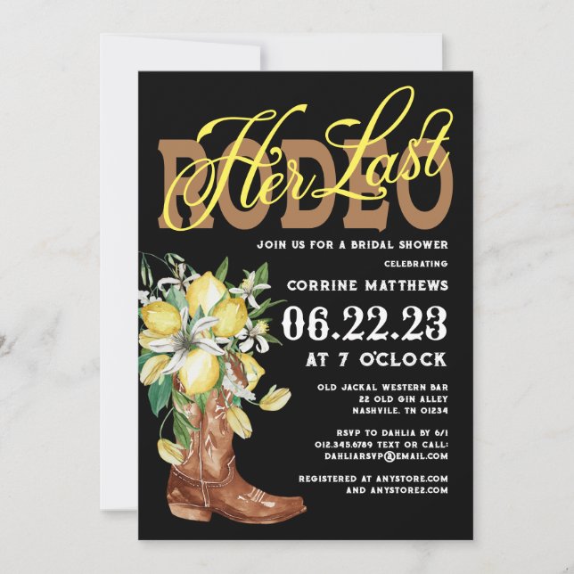 Invitation Son Dernier Rodeo Cowgirl Bottes Lemons Fête des m (Devant)