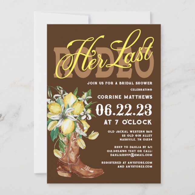 Invitation Son Dernier Rodeo Cowgirl Bottes Lemons Fête des m (Devant)