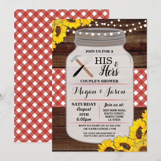 Invitation Son & Hers Couple's Shower Wood Rustic Red Invitat (Devant / Derrière)