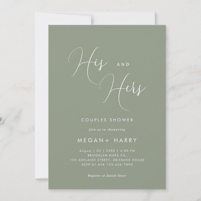 Invitation Son & Hers Simple Sage Green Couple Douche nuptial (Devant)