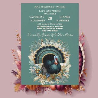 Invitation Son heure Turquie Thanksgiving Floral vert automne