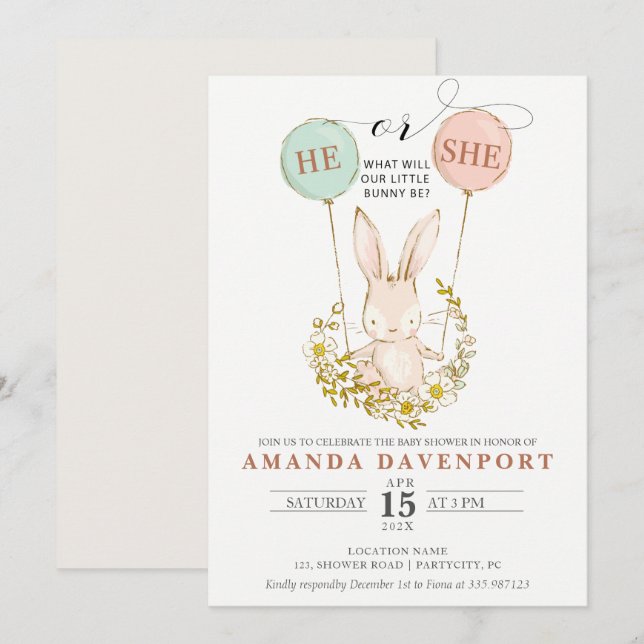 Invitation Son ou elle Bunny Balloons genre révéler l'invitat (Devant / Derrière)