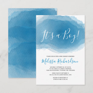 Invitation SON UN GARÇON Baby shower Aquarelle Bleue Abstrait