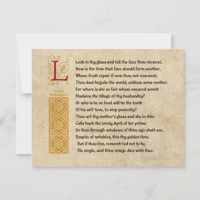 Invitation Sonnet de Shakespeare 3 (iii) sur le parchemin (Dos)