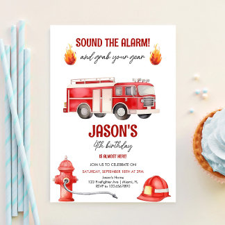 Invitation Sonnez l'alarme Camion de pompiers Garçons 4e anni
