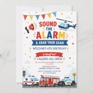 Invitation Sonnez l'alarme Véhicules d'urgence Fête d'anniver