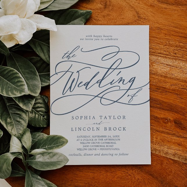 Invitation SOPHIA Bleu Blanc Moderne Classique Mariage élégan (SOPHIA Blue White Modern Classic Elegant Wedding Invitation)