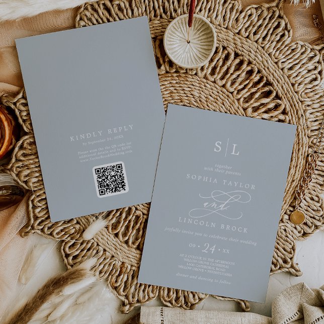 Invitation SOPHIA QR Code Bleu côtier Tout en un Mariage (SOPHIA QR Code Coastal Blue All In One Wedding Invitation)