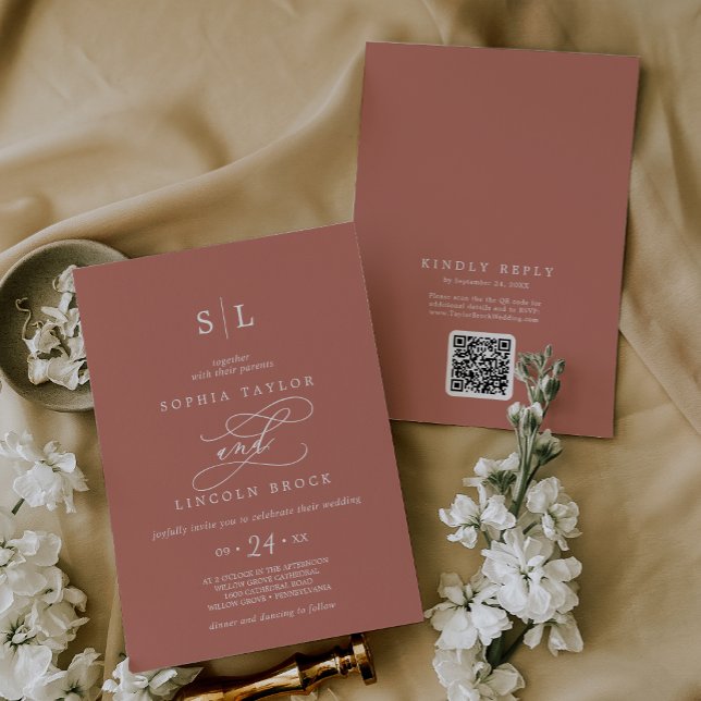 Invitation SOPHIA QR Code Boho Terracotta Tout en un Mariage (SOPHIA QR Code Boho Terracotta All In One Wedding Invitation)