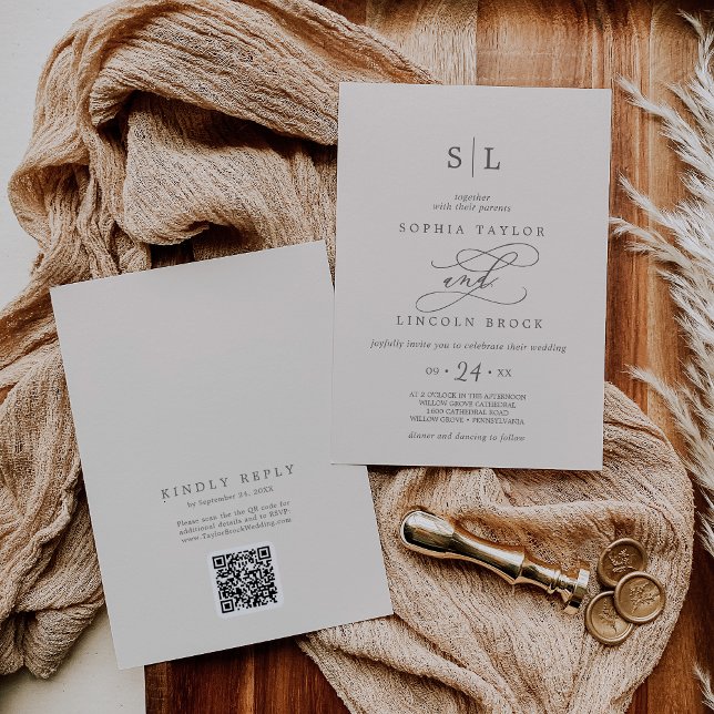 Invitation SOPHIA QR Code Chic Crème Beige Tout en un Mariage (SOPHIA QR Code Chic Beige Cream All In One Wedding Invitation)