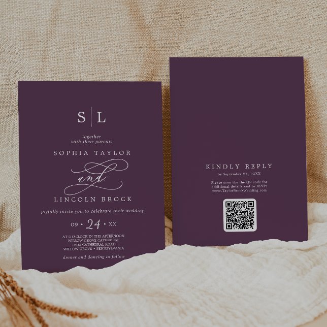 Invitation SOPHIA QR Code Dark Plum Moody All In One Mariage (SOPHIA QR Code Dark Plum Moody All In One Wedding Invitation)