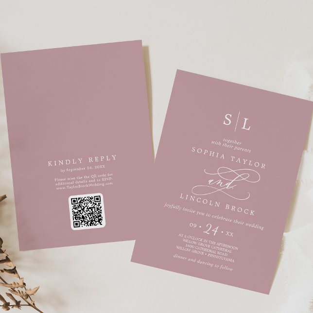 Invitation SOPHIA QR Code Dusty Rose rose tout en un Mariage (SOPHIA QR Code Dusty Rose Pink All In One Wedding Invitation)