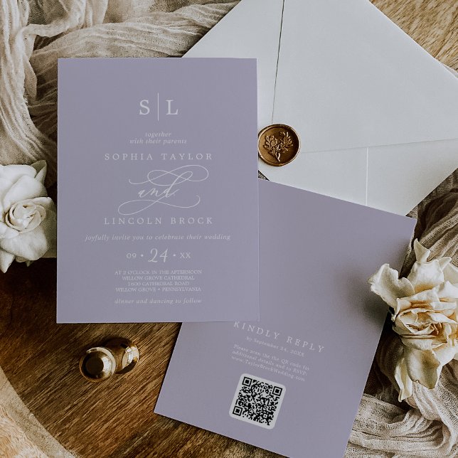 Invitation SOPHIA QR Code Lavender Purple Tout en un Mariage (SOPHIA QR Code Lavender Purple All In One Wedding Invitation)