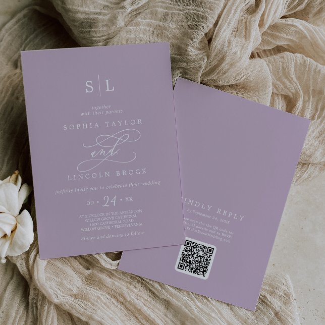 Invitation SOPHIA QR Code Lilac Purple Tout en un Mariage (SOPHIA QR Code Lilac Purple All In One Wedding Invitation)