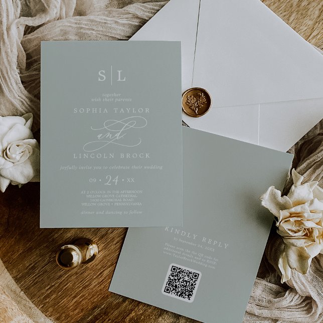 Invitation SOPHIA QR Code Sage Grey Simple Tout en un Mariage (SOPHIA QR Code Sage Gray Simple All In One Wedding Invitation)