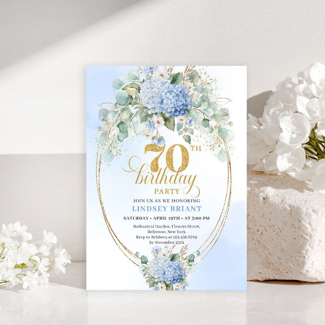 Invitation Sophisticated 70th Birthday Blue Hydrangeas Invite (Sophisticated 70th Birthday Blue Hydrangeas Invitation)